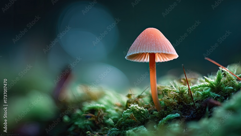 Fototapeta premium A small, illuminated mushroom stands tall in a mossy forest, with a blurred bokeh background