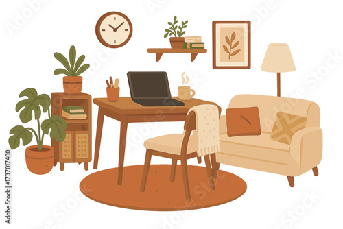 Cozy home office in a living room. Hygge workspace for freelance, remote work. Modern Scandinavian interior with desk, laptop, chair, sofa, and plants. Vector illustration.