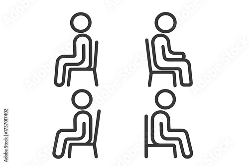 People sitting icon. Person on chair symbol. Seating pictogram set. Public space sign. Waiting room. Transport seat. Line art vector. Minimalist design. Simple illustration.