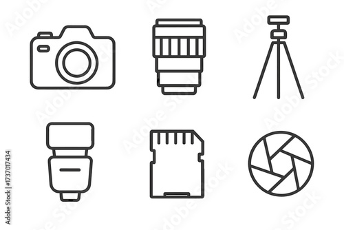 Photography equipment icon collection. Linear style symbols set of camera, lens, tripod, flash, sd memory card and shutter aperture. Professional photographer gear vector icons.