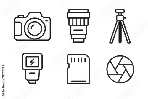 Photography equipment line icon set. Vector symbols for camera, lens, tripod, flash, memory card, shutter. Thin outline pictogram collection for photographer gear design.