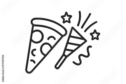 Pizza party vector line icon. Slice of pizza with party popper and confetti. Celebration, birthday, event symbol. Fast food graphic for pizzeria menu. Outline cartoon illustration.