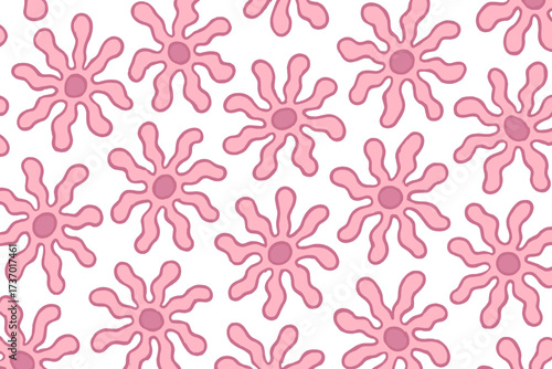 Groovy seamless pattern with distorted abstract pink daisy flowers. Fashionable y2k background. Hippie 70s retro aesthetic. Funky floral print for textile, fabric, wallpaper.