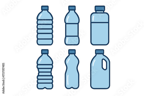 Plastic bottle vector icon set. Flat cartoon illustration collection of water, soda, and drink containers. For concepts like single-use plastic waste, recycling, and ecology.