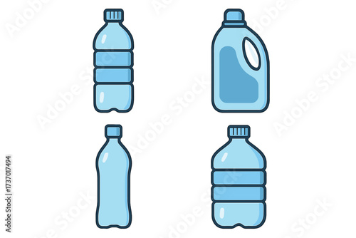 Plastic bottle vector icon set. Water, soda, juice, and milk container collection. Flat cartoon illustration for beverage, recycling, ecology, and packaging design concepts.