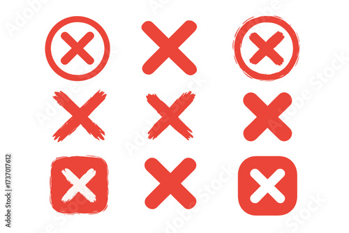 Red cross mark X icon set. Wrong, no, error and reject symbols. Vector collection of decline, cancel and failure signs. Incorrect choice buttons with grunge brush strokes.