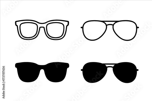 Sunglasses vector icon set. Collection of glasses in line and silhouette style. Aviator and wayfarer models. Fashion eyewear accessory for summer. Black and white graphic.