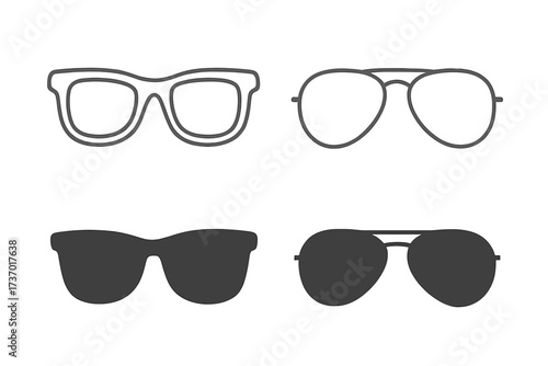 Sunglasses and eyeglasses icon set. Vector collection of glasses silhouettes and line art. Aviator and wayfarer fashion style. Summer sun protection eyewear accessory design.