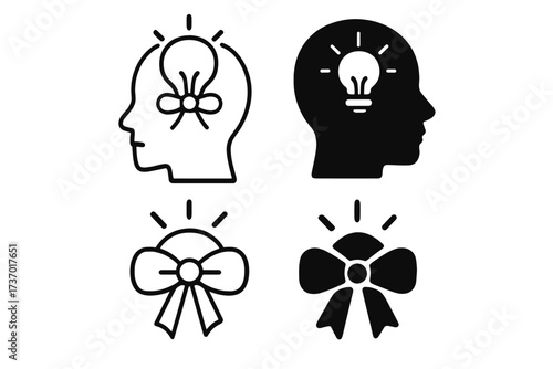 Reminder icon set. Head with lightbulb and bow as remember metaphor. Concept for memory, ideas, knowledge, solution. Psychology and mental health. Linear and silhouette vector.