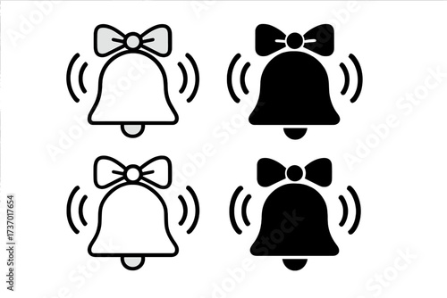 Reminder icon set with bell and bow knot. Concept for remember, notification, alert, and alarm. Ringing bell silhouette and line art for deadline or schedule. Vector symbol.