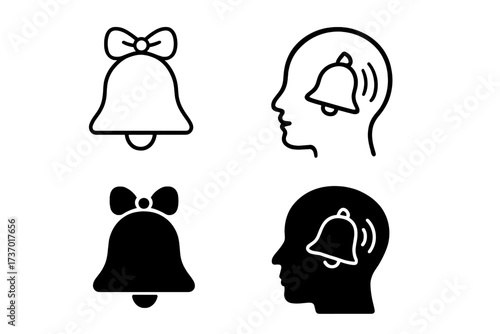 Reminder vector icon set with bell in human head. Concept for memory, notification, internal alarm. Linear and silhouette symbols for psychology, mental process illustration.