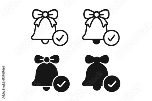 Reminder notification icon set with bell and check mark. Task done, schedule approved, event alert concepts. Linear and silhouette style vector symbols for web or app ui.