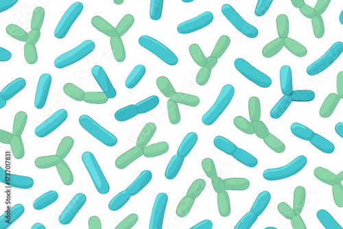 Microbiome seamless pattern. Probiotic bacteria background with lactobacillus and bifidobacteria. Gut flora illustration for science and health. 3D render of microorganisms.