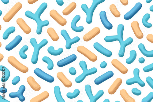 Microbiome seamless pattern with probiotic bacteria. Gut flora backdrop with lactobacillus, bifidobacteria, acidophilus. Healthy digestion concept. 3D cartoon vector illustration.