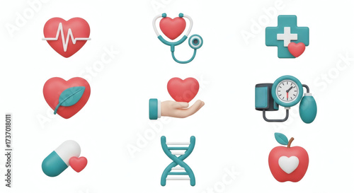 Vibrant 3D Health and Wellness Icon Collection Embracing a Holistic Approach to Medical Care, Heart Health, Genetic Understanding, and Mindful Living