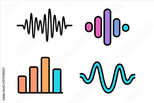 Sound wave icons set. Audio waveform and music equalizer graph. Voice recognition symbol and frequency signal. Vector illustration for podcast, audio message and player app UI.