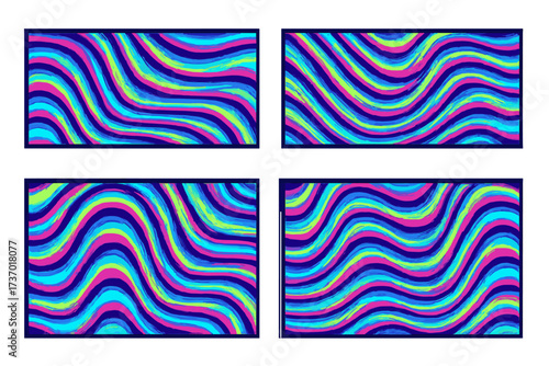 Vibrant abstract banner set with neon wavy stripes. Psychedelic distortion, glitch art effect. Trendy holographic tech background for wall art, website, panel border, package design.