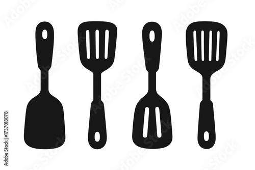 Spatula icon set. Kitchen tool collection. Cooking utensil silhouette. Vector illustration of various spatulas, flippers, and turners for cooking. Isolated cookware on white background.