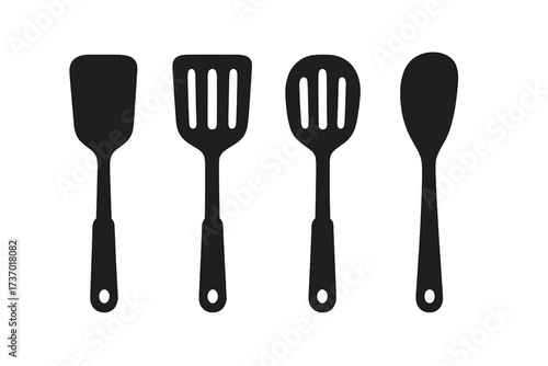Kitchen utensils silhouette icon set. Spatula, slotted turner, and cooking spoon. Vector graphic for cook, food, restaurant, and culinary concepts. Flat design kitchenware tools.