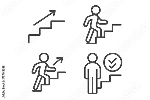 Steps icon set. Career ladder, business growth, promotion. Man walking up stairs. Personal development, step-by-step progress, achievement, reaching goal, success concept.