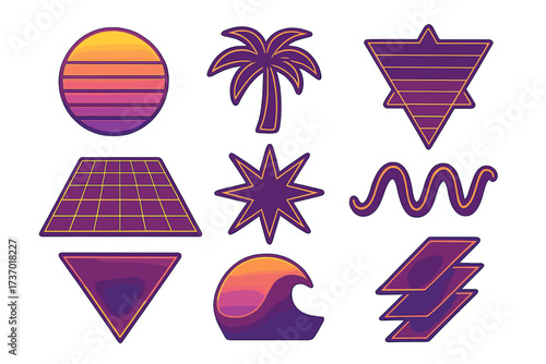Retrowave 1980s synthwave sticker pack. Abstract geometric shapes collection with sun, palm, and wave. Vector cartoon illustration for futuristic vaporwave outrun style.
