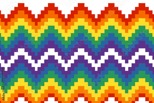 LGBTQ+ pride month seamless pattern. Pixelated zigzag chevron background in rainbow colors. Geometric square pixel art for gay pride parade celebration. Abstract vector design.