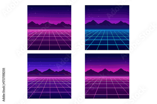 Retro futuristic synthwave poster set. Vector collection of 80s sci-fi landscapes with neon laser grid, mountains, and stars. Digital world background for a rave music party.