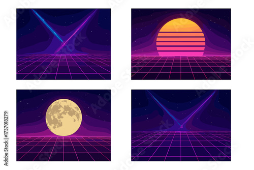 Retro 80s synthwave backgrounds set. Neon sci-fi futuristic landscape with laser grid, sun, and moon. Abstract vintage 90s outrun style digital space templates collection.
