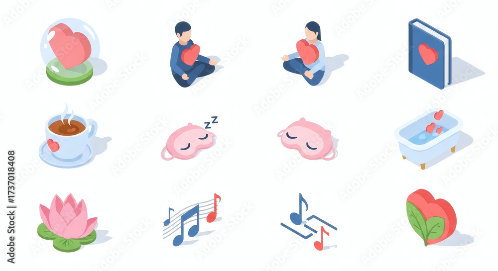 Fototapeta premium Isometric icons for self-care, emotional well-being, and relaxation. Digital illustrations depicting concepts of mental health, mindfulness, and self-love.
