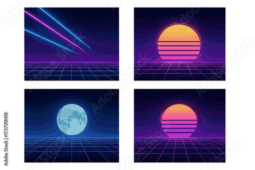 Retro 80s sci-fi backgrounds set. Synthwave and retrowave neon style with laser grid, sun, and moon. Futuristic digital space landscape. Abstract vaporwave backdrop template.