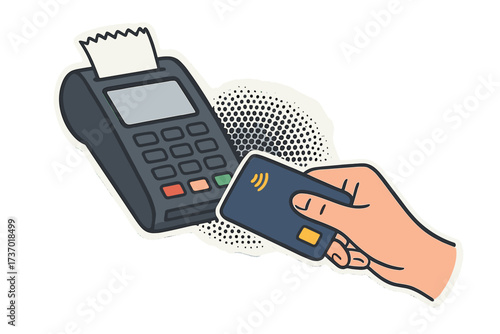 Contactless payment with credit card via POS terminal. Hand holding card for wireless purchase. NFC technology. Pay pass concept. Financial transaction in store. Vector cartoon collage.