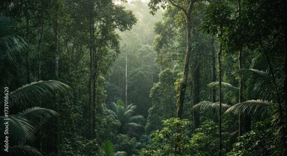 Fototapeta premium Lush, dense rainforest canopy. Sunlight filters through the trees
