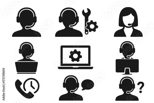 Customer service and technical support icon set. Call center agent with headset, computer, and phone. Vector silhouettes for helpdesk, online assistance, and communication.