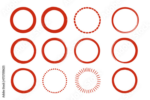 Collection of red circle frames. Hand-drawn vector set with brush stroke and grunge texture. Round ink stamp, Japanese seal style. Maru, enso symbol. Border design elements.