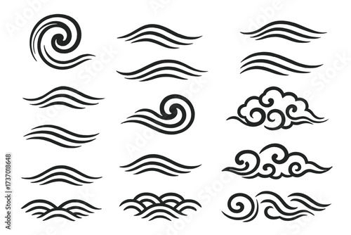 Set of oriental decorative elements. Traditional Chinese or Japanese wind and water clouds ornament. Asian tattoo style ocean wave swirl. Vector line art design collection.