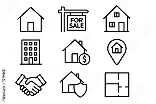 Real estate and property business line icon set. Icons for house sale, mortgage, home insurance, location, floor plan, and deal agreement. Vector graphic for web and mobile.