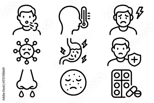 Disease symptoms icon set. Sickness and illness vector collection. Flu, cold, virus, infection signs. Fever, cough, headache, stomachache, runny nose, rash, medicine, health care.