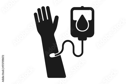 Blood donation icon. Volunteer donor concept. Human arm and hand giving blood. Vector glyph for medical or charity. Health care transfusion and life saving symbol.