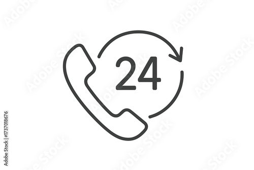 24 hours phone call service thin line icon. Concept of always open and available 24/7 customer support. Non-stop assistance, contact center, and hotline vector symbol.