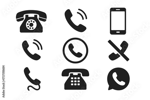 Phone icon set. Vector collection of telephone symbols. Call, contact, mobile, smartphone, support and communication signs. Old retro rotary phone and modern handset silhouette.