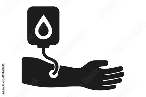 Blood donation icon vector glyph. Donor arm and hand giving blood. Medical transfusion concept for charity blood drive. Health care and volunteering symbol. Flat illustration.