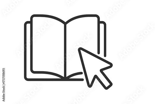 Ebook and Online Reading Vector Icon. Thin Line Illustration of Open Book and Mouse Pointer Arrow. Digital Literature, Ebooks, Education Technology, Web Learning Platform, Internet Library, Study App