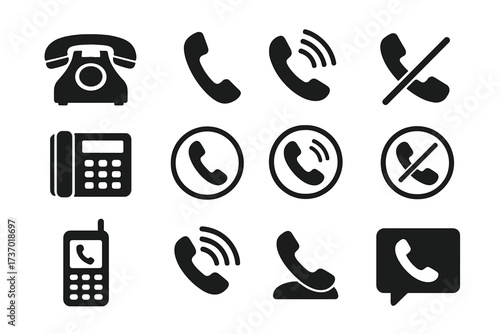 Phone icon set vector collection. Telephone signs. Call, contact us, hotline, support, communication symbols. Landline, mobile, ringing, and missed call pictograms for web.