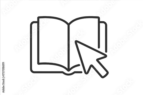 Ebook reader icon with mouse pointer arrow. Concept for digital library, online education, e-learning platform. Click to read. Vector for online bookstore, distance study.