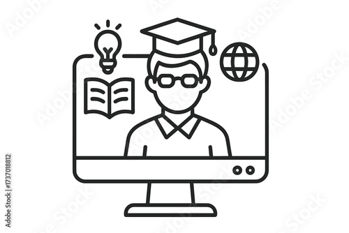 Online education, e-learning, webinar concept. Distance learning, virtual class icon. Student with graduation cap on computer screen. Knowledge, study, learn online. Vector line icon.
