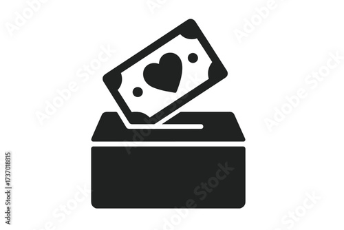 Donation box with money bill with heart symbol. Concept of charity, philanthropy, help and volunteering. Vector flat glyph icon for fundraising, contribution and social aid.