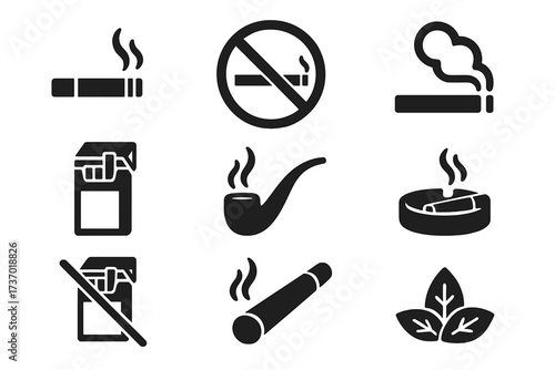 Smoking icon set. Cigarette, tobacco, vape and no smoking sign. Vector glyph symbols for nicotine addiction, unhealthy habit and quit smoking concepts. Cigar, pipe, ashtray.