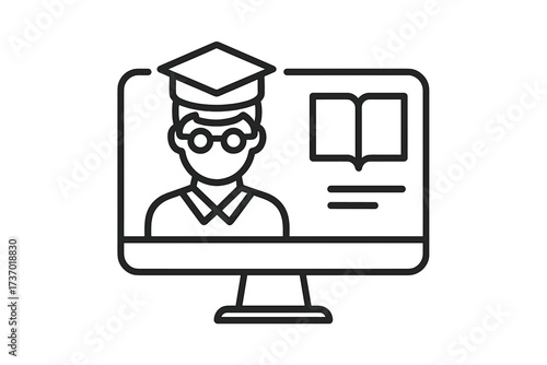 Online education thin line icon. E-learning, distance learning concept. Student, graduate with cap on computer screen. Webinar, remote university, virtual course and study.