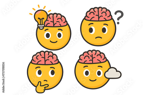 Creative brain emoji set. Thinking, new ideas, problem solving concepts. Vector emoticons with lamp, question mark, cloud. Psychology and mental process illustration.
