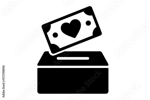 Donation box with money bill and heart symbol. Charity, philanthropy, and volunteering concept. Vector glyph icon for fundraising, help, and social support. Kind giving money.